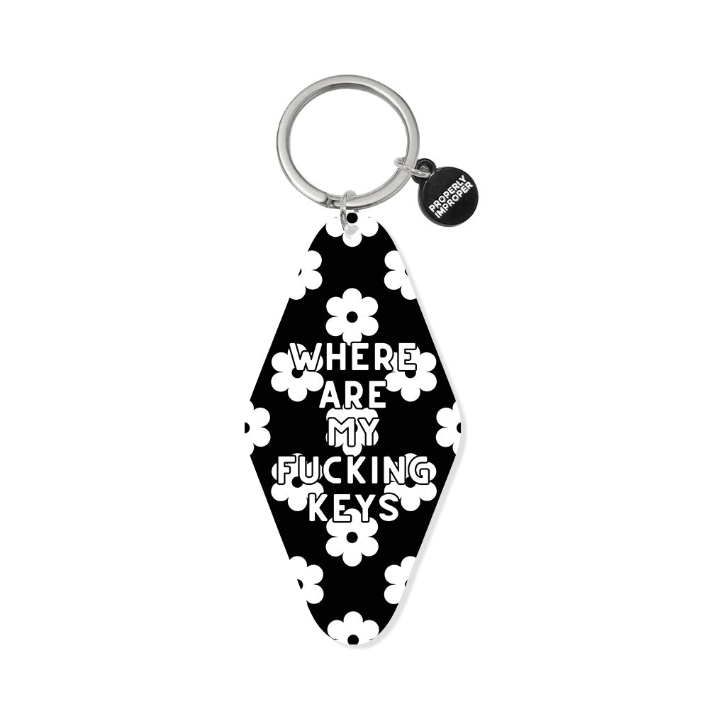 Where Are My Fucking Keys Black Floral Printed Keychain
