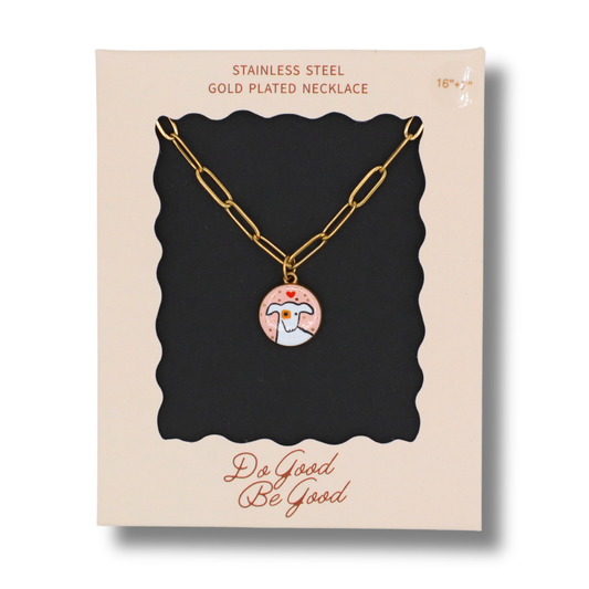 Dog with Small Heart Round Charm - Gold Plated Necklace