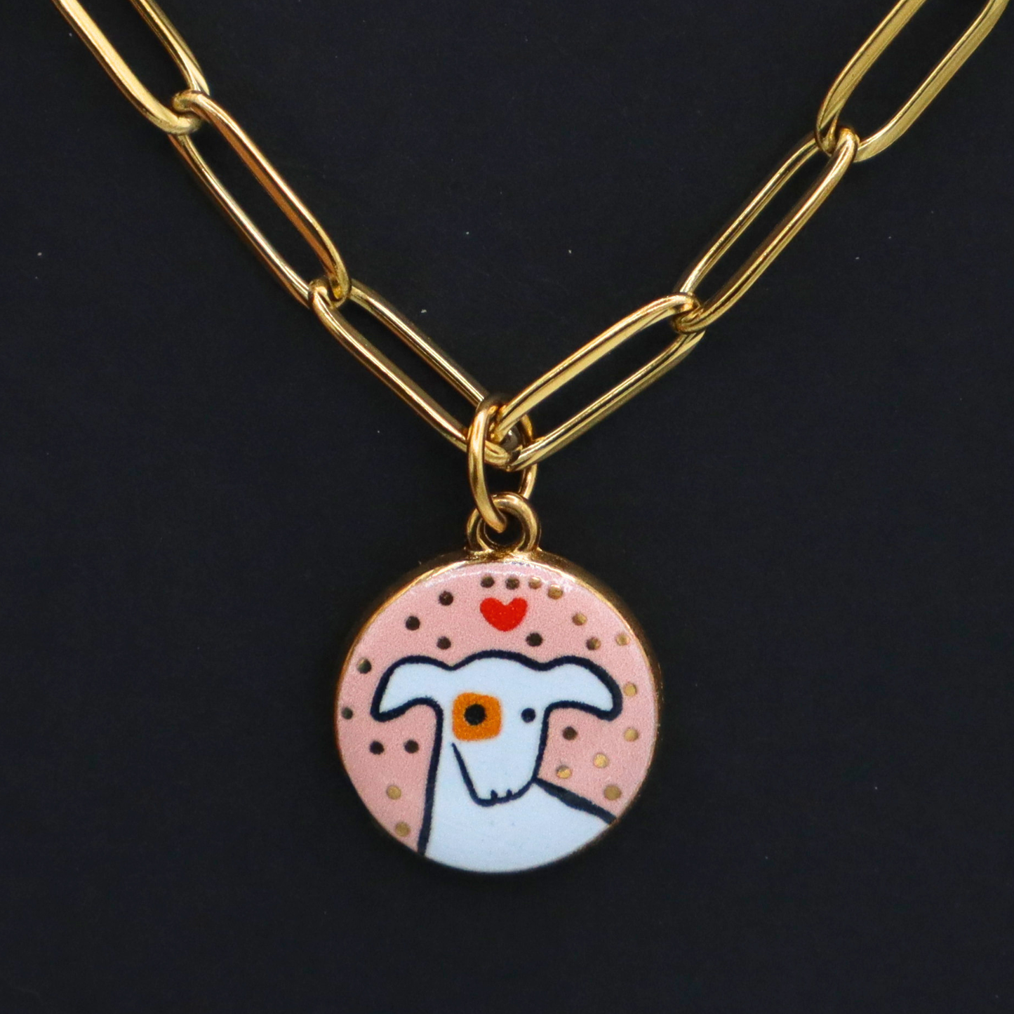 Dog with Small Heart Round Charm - Gold Plated Necklace