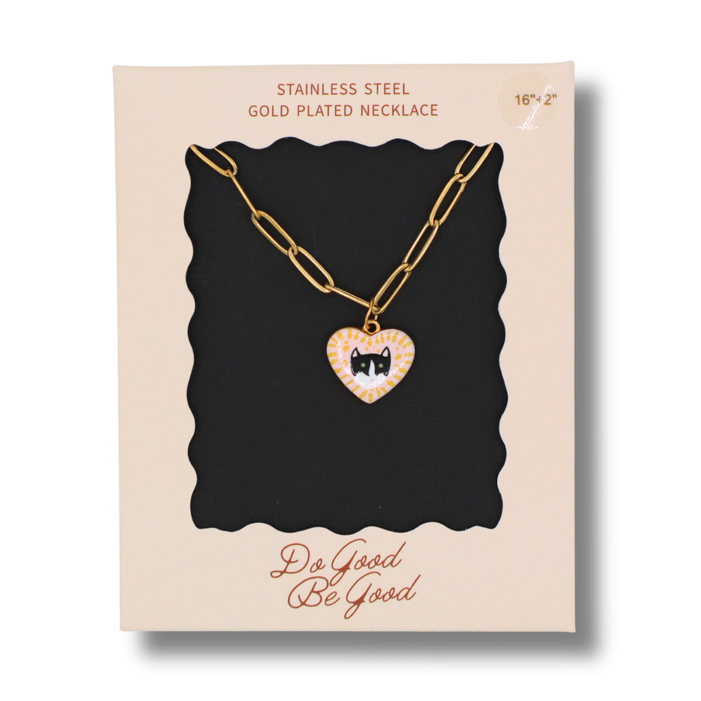 Black & White Cat Heart Charm - Gold Plated Necklace