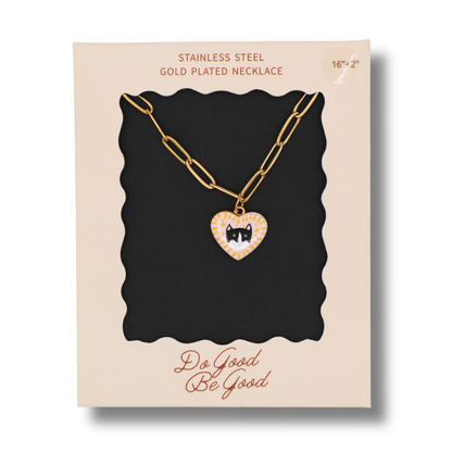 Black & White Cat Heart Charm - Gold Plated Necklace