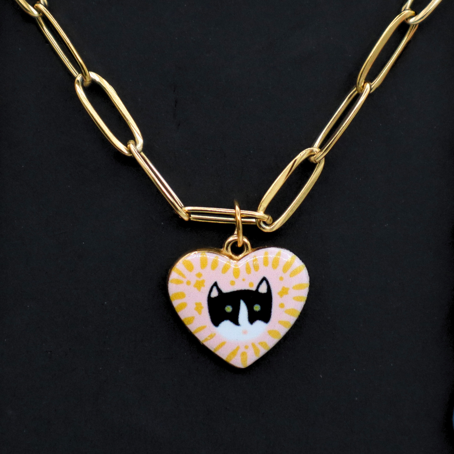 Black & White Cat Heart Charm - Gold Plated Necklace