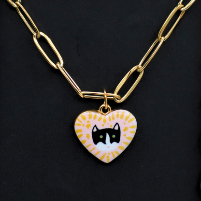 Black & White Cat Heart Charm - Gold Plated Necklace
