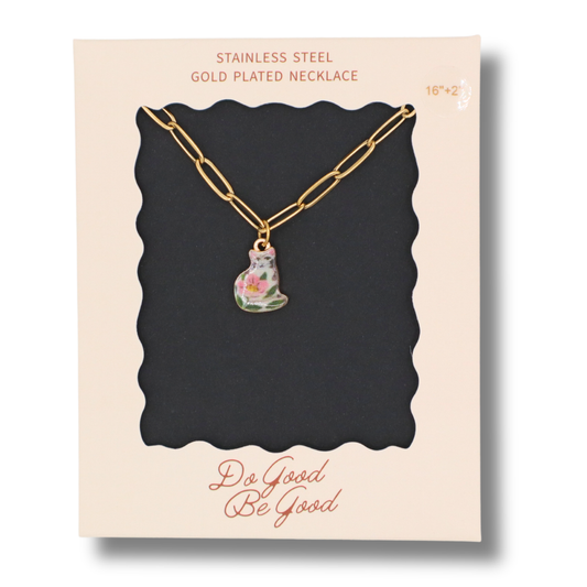 Black and Grey Cat Charm - Gold Plated Necklace