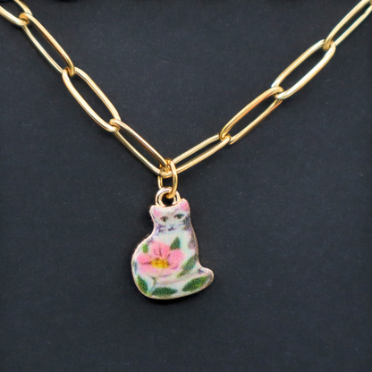 Black and Grey Cat Charm - Gold Plated Necklace