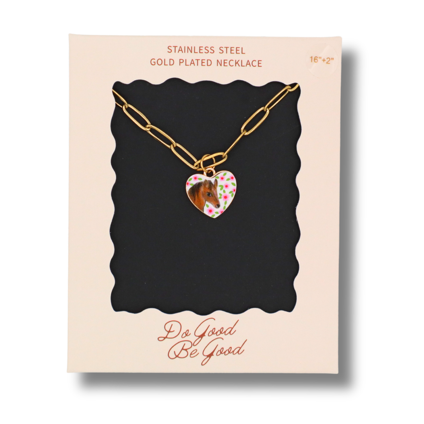Horse With Flowers Heart Charm - Gold Plated Necklace