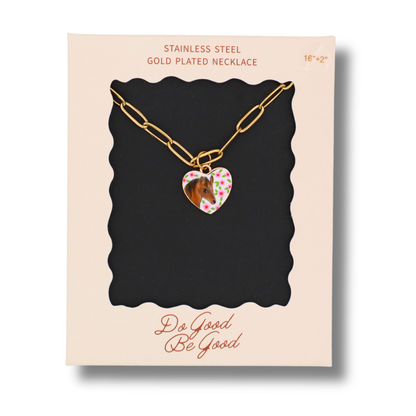 Horse With Flowers Heart Charm - Gold Plated Necklace