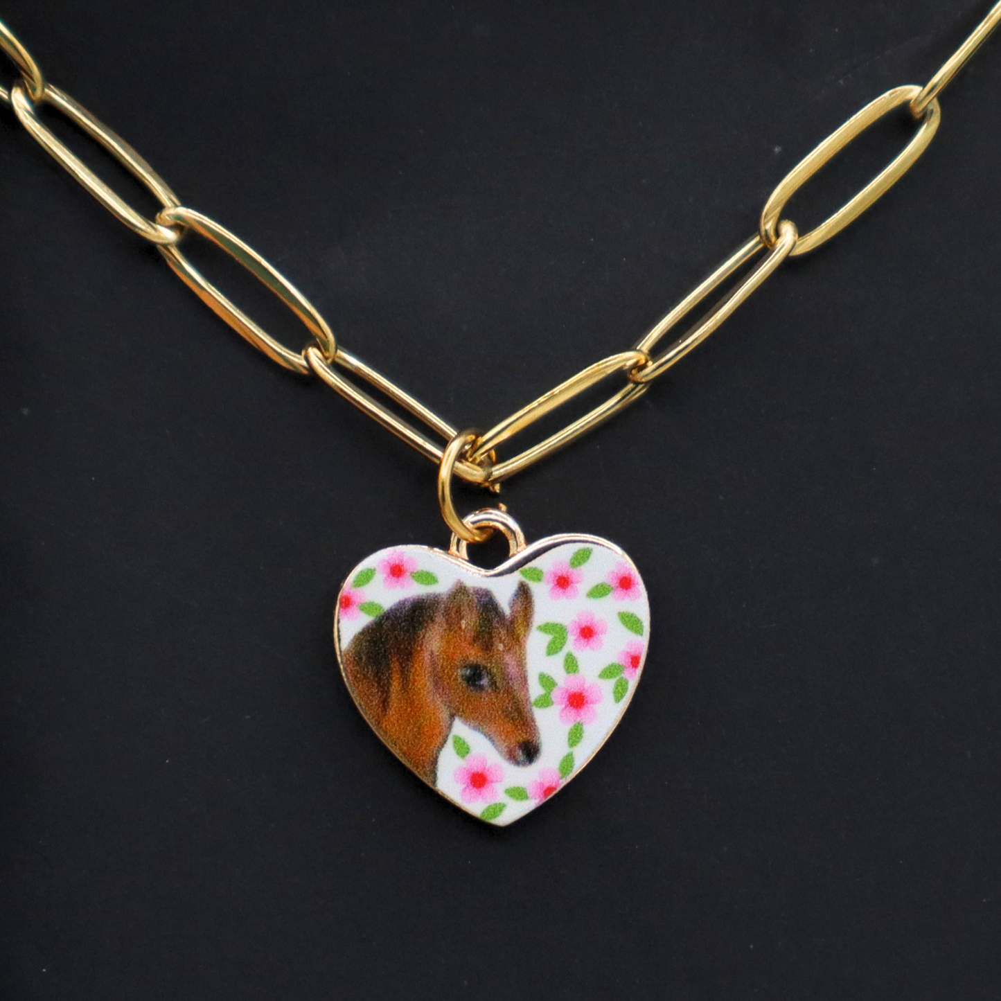 Horse With Flowers Heart Charm - Gold Plated Necklace