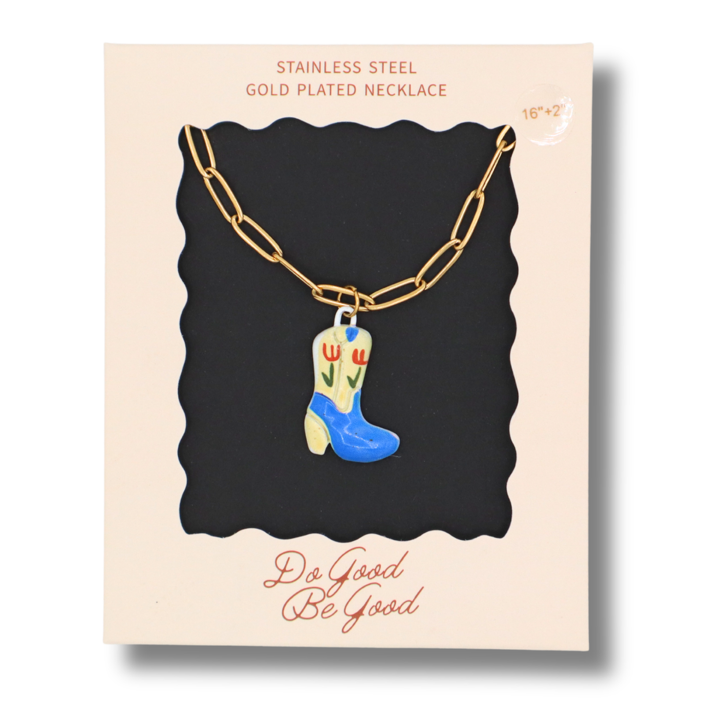 Blue & Tan Cowboy Boot Charm - Gold Plated Necklace
