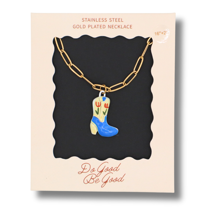 Blue & Tan Cowboy Boot Charm - Gold Plated Necklace