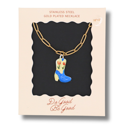 Blue & Tan Cowboy Boot Charm - Gold Plated Necklace