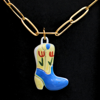 Blue & Tan Cowboy Boot Charm - Gold Plated Necklace