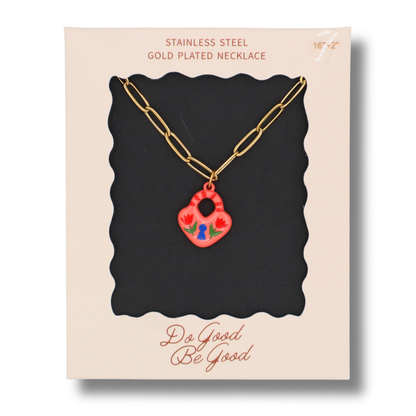 Padlock With Flowers Charm - Gold Plated Necklace