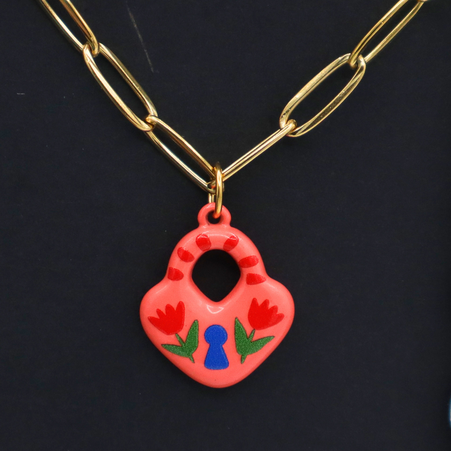 Padlock With Flowers Charm - Gold Plated Necklace